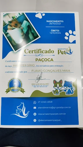Certificado de cremação Descanse em Paz Pet