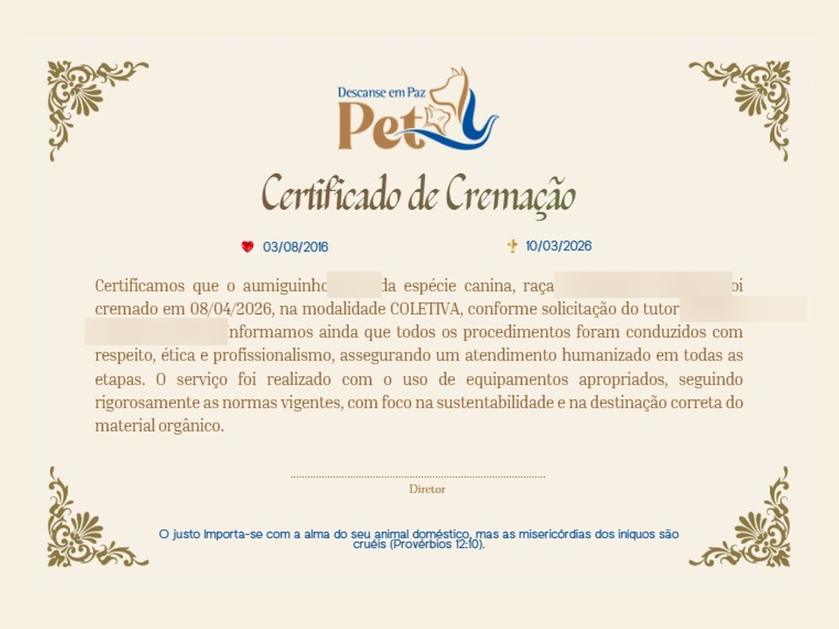 Certificado de cremação Descanse em Paz Pet